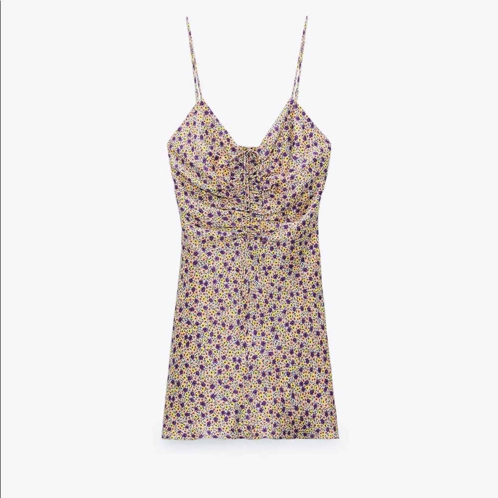 Zara Yellow Floral Draped Satin Effect Mini Dress Size Medium NWT New With Tags